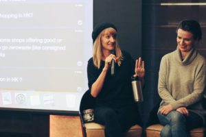 Zero Waste Pioneer Bea Johnson (left) speaking in Hong Kong. Photo Credit: NOW No Waste